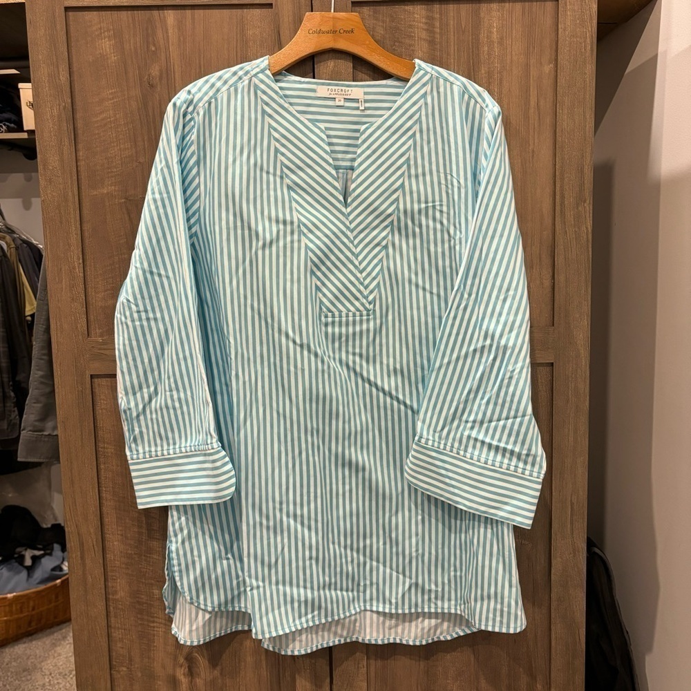 Foxcroft Appleseeds Size 20 Popover Tunic Top Teal White Stripes